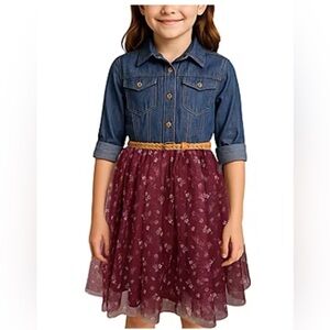 lilt Denim Top with Burgundy Floral Skirt and Gold Belt Girls Dress